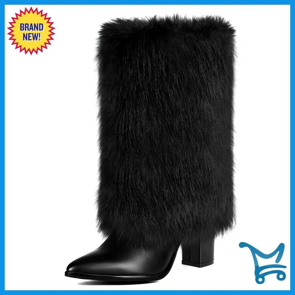 Faux Fur Mid Calf Boots with Chunky Heel and Side Zipper for Winter